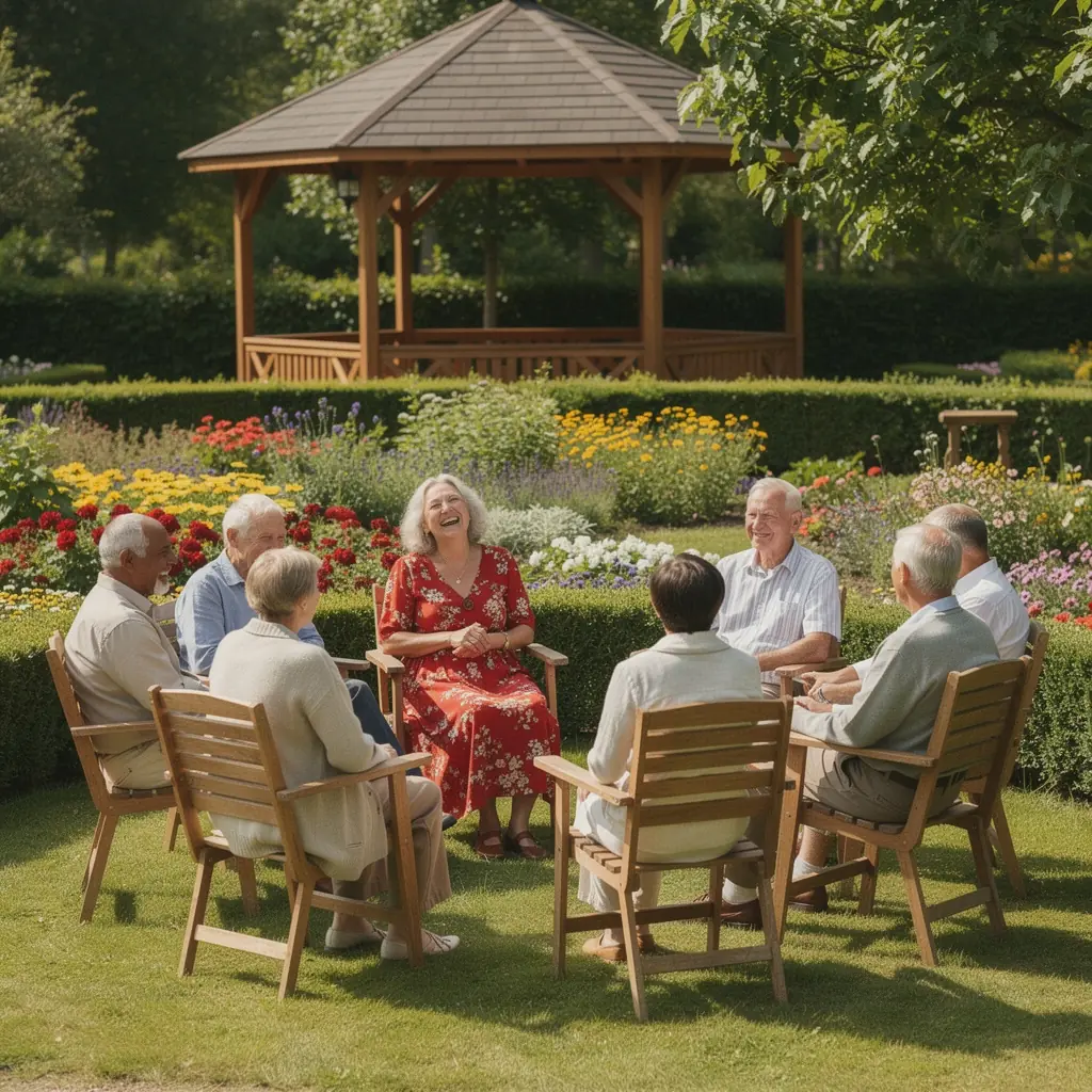 Grupas terapijas sesija, kurā seniori dalās pieredzē un atbalsta viens otru.